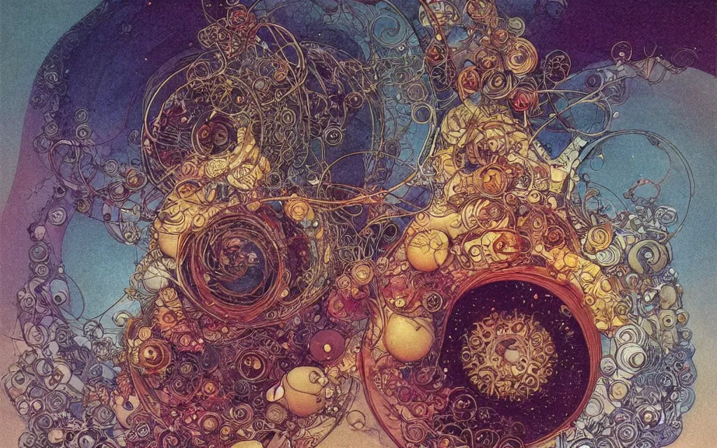 Prompt: semi circle. retro art by jean giraud. fibonacci. by brian froud, yoshitaka amano, kim keever, victo ngai