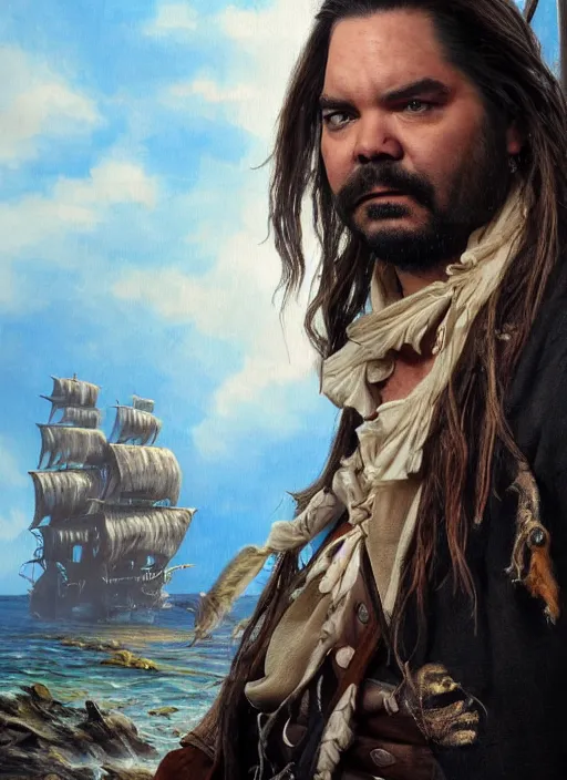 Image similar to a beautiful painting portrait movie poster of Matt Berry in Pirates of the Carribean 6, matte painting, fantasy art, dark but detailed digital art, highly detailed, a masterpiece trending on artstation. Matt Berry as a messy pirate and layabout in this HD preview poster