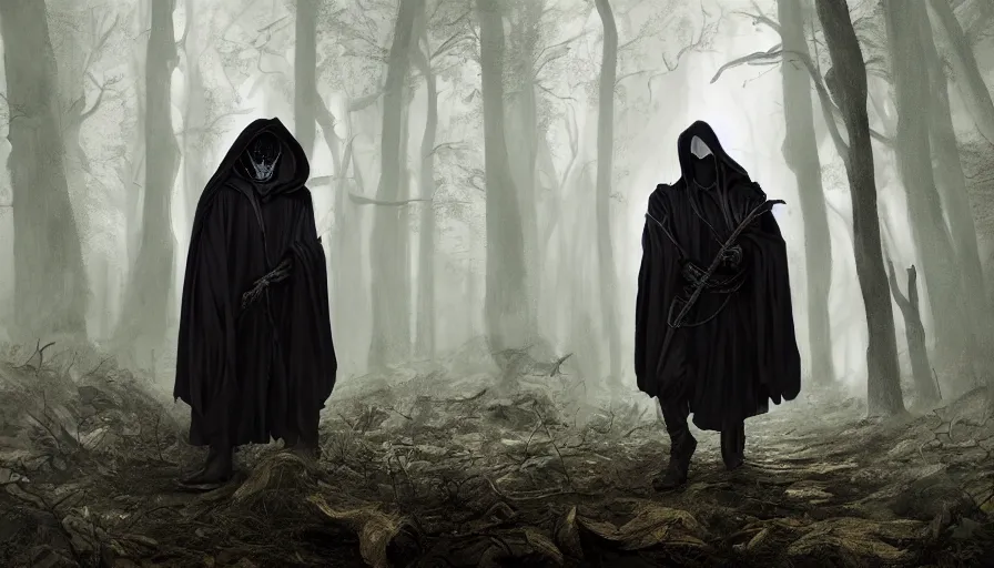 Image similar to portrait of a man in a long flowing hooded cloak and a skull mask on a path of a dark forest, ray traced lighting by Gerald Brom and Greg Rutkowski