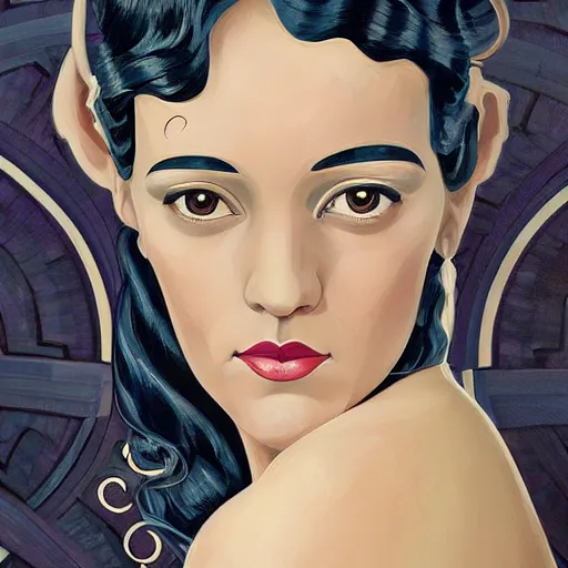 Image similar to an art nouveau, ( streamline moderne ), multi - racial portrait in the style of magali villenueve. very large, clear, expressive, and intelligent eyes. centered, ultrasharp focus, dramatic lighting, photorealistic digital matte painting, intricate symmetrical ultra detailed background.