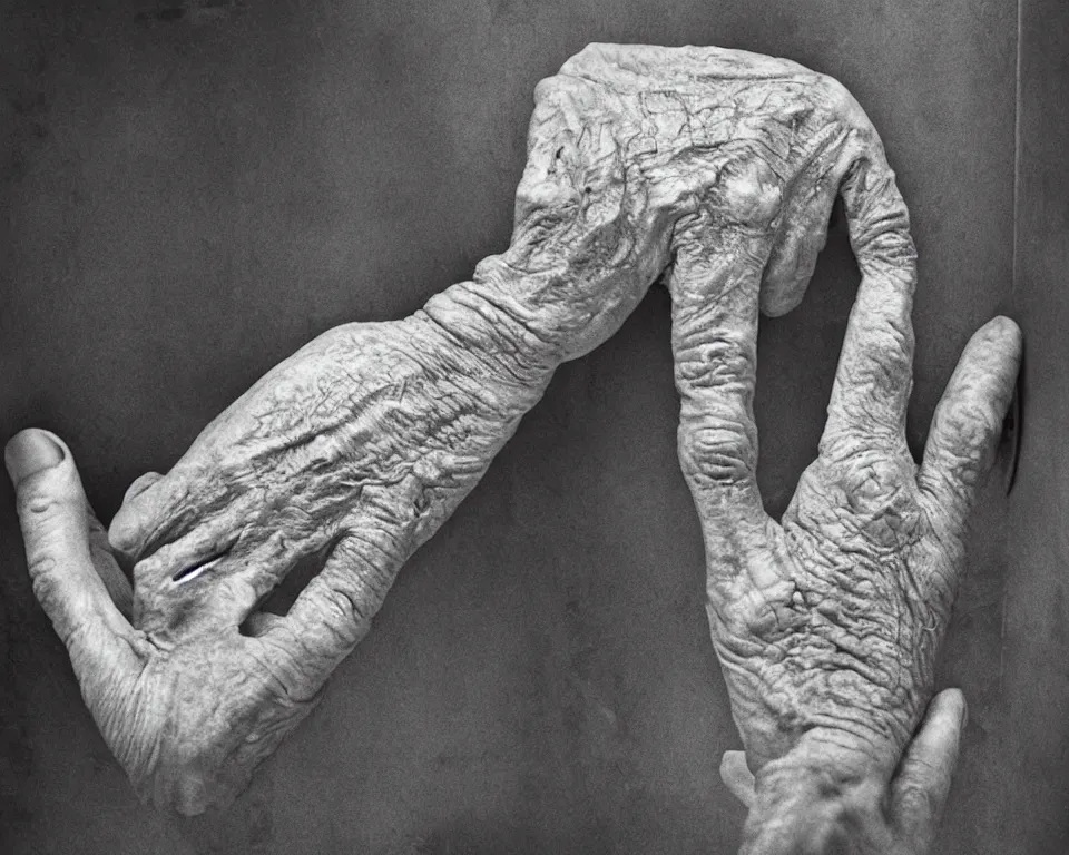 Image similar to a wrinkly old hand coming out of the toilet, horror movie poster