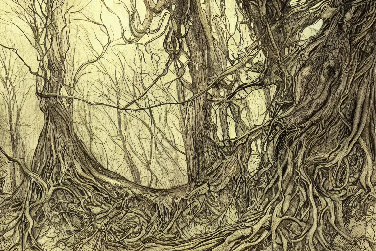 Image similar to the progenitor of the yarm root woods, in the style of Greg Broadmore and Arthur Rackham,trending on artstation, light lighting side view,digital art,surrealism ,macro,blueprint ,vaporwave ,