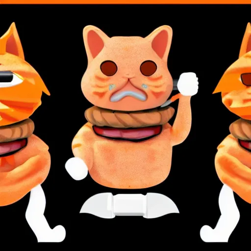 Prompt: anthropomorphic bacon, sword fighting an orange tabby cat, orange tabby sword fighting anthropomorphic bacon, award - winning photograph