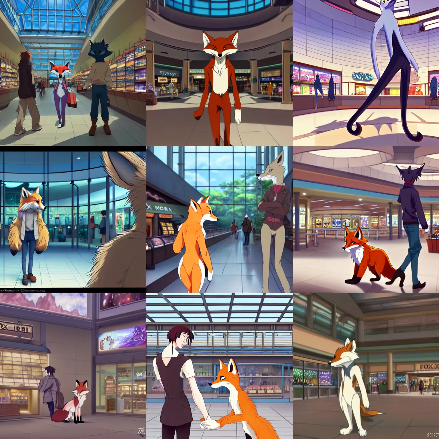 Prompt: an anthropomorphic natural furry ( fox ) shopping at a futuristic mall, photorealistic, anime, makoto shinkai, james gurney, don bluth, disney, hibbary, dark natasha, goldenwolf, furaffinity, fursona, commission