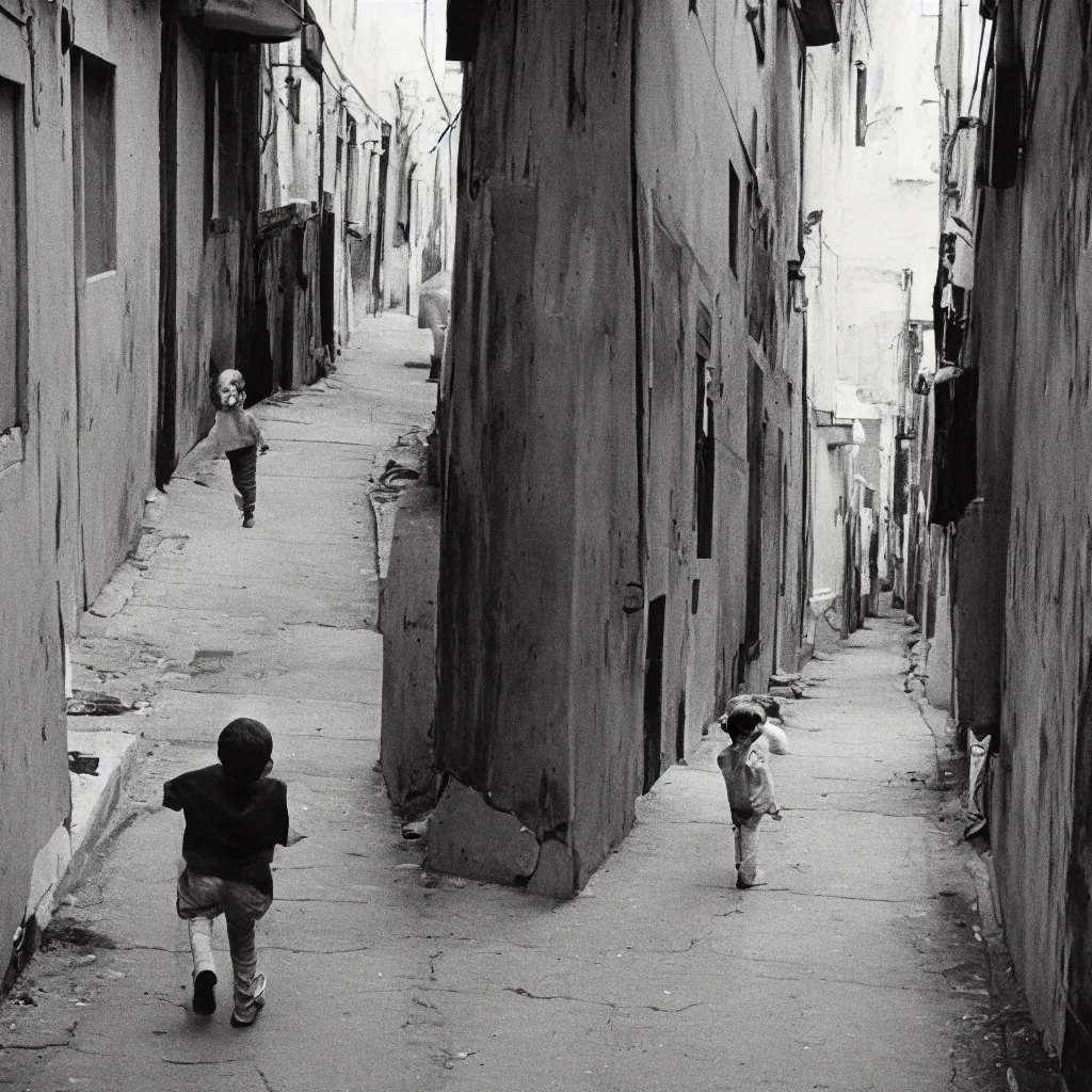 Prompt: photograph of a boy walking in a back alley in 1970s. kodak portra film.