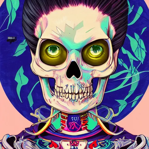 Image similar to anime manga skull portrait young woman skeleton, marge simpsons, painterly, logo, graffiti, elegant, highly detailed, digital art, art by jc leyendecker and sachin teng