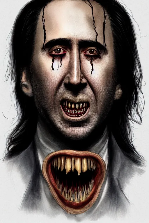 Image similar to nicolas cage in sleepy hollow, full body, big two toned eyes, teeth gritted, horror, intricate details, cinematic, epic, realistic, anatomy, tomer hanuka, uplight, artstation, photorealistic, scary