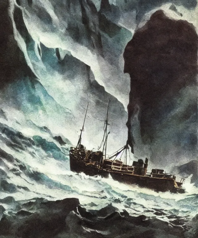 Image similar to photorealistic mixed - media painting of a 1 9 2 5 seiner sailing near a short tropical cliff with the mouth of a sea cave at the waterline, dark, brooding, atmospheric, lovecraft, horror, smooth, epic, highly detailed, cinematic, by frank frazetta