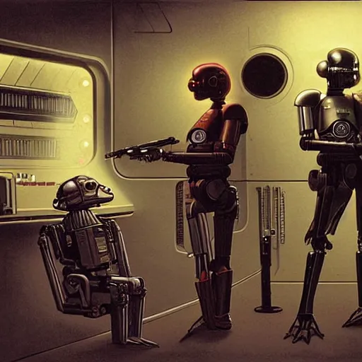 Prompt: ig-88 talking in the cantina, artwork by ralph mcquarrie