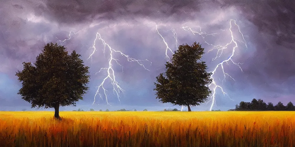 Prompt: lightning strikes a tree in the middle of a field, painting By Alena Aenami,