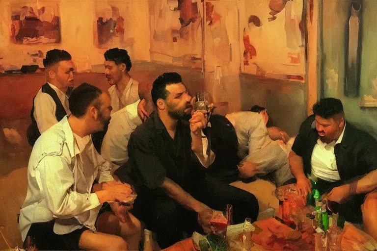 Image similar to cholos drinking brutal and raw wine, inside a tiny green room with red lights by joaquin sorolla, greg rutkowski, bill sienckiwicz, extremely detailed