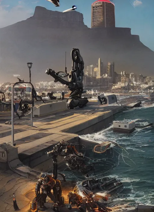 Image similar to hyper realistic robot attacking cape town city harbor beautiful details, strong composition, poster painted by greg rutkowski, james gurney and greg rutkowski weta studio, and lucasfilm and best of artstation