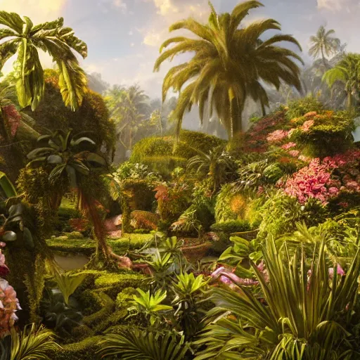 Image similar to a highly detailed matte painting of a garden hedge with tropical flowers, large palm trees, epic fantasy, god rays, ultrawide lens, aerial photography, unreal engine, exquisite detail, 8 k, art by greg rutkowski and alphonse mucha