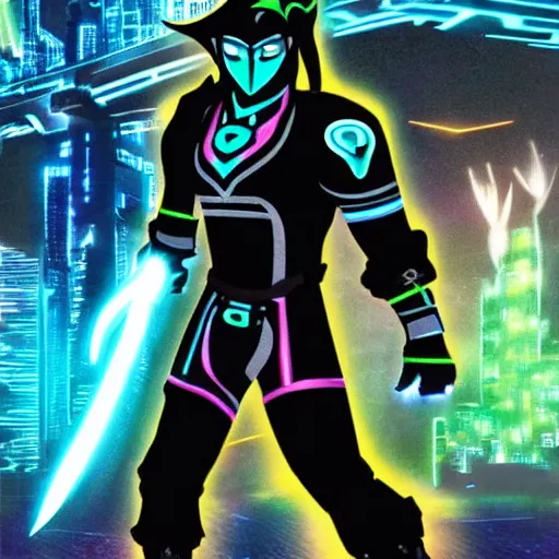 Image similar to Ganondorf in the style of Tron Legacy, wielding a large neon fantasy greatsword, tron legacy city in the background, dark black sky