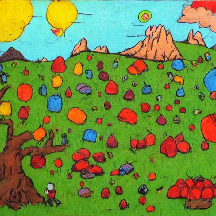 Prompt: little sheep hopping over mountains of gigantic fruit, naivistic art, childrens drawing, outsider art, expressive, colorful
