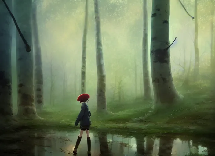 Image similar to a cute humanoid mushroom creature, her feet covered in mud, walking around a large aspen forest, fog, atmospheric lighting, by makoto shinkai an krenz cushart