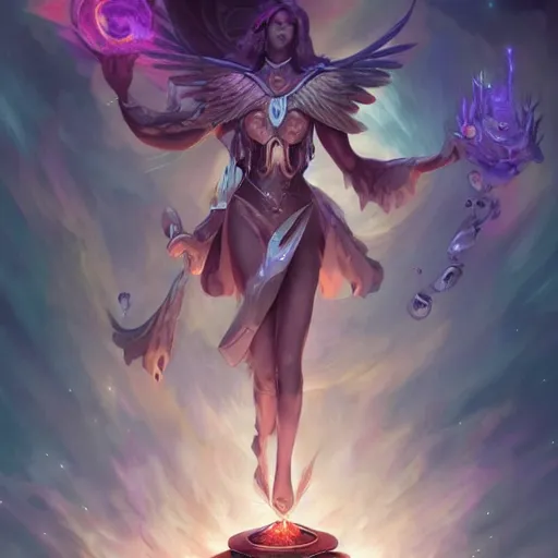 Image similar to angelical time keepers performing a ritual of planetary sacrifice, emotional, fantastic, stars, detailed, digital art, artstation by peter mohrbacher and artgerm, league of legends splash art