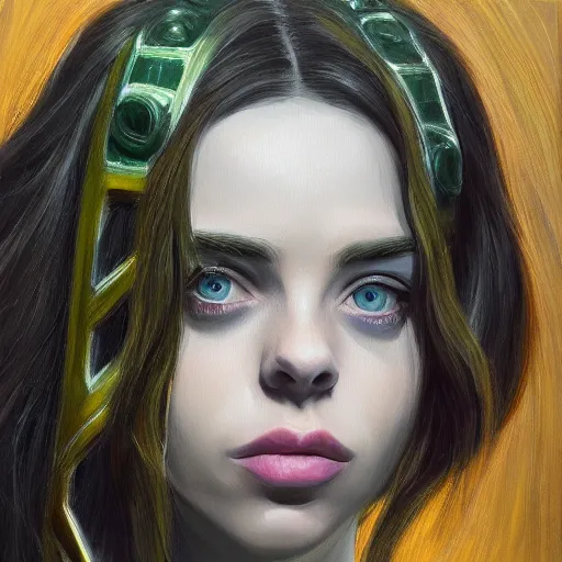 Prompt: Billie Eilish as female loki, oil on canvas, noir, trending on artstation, by Ian Sprigger