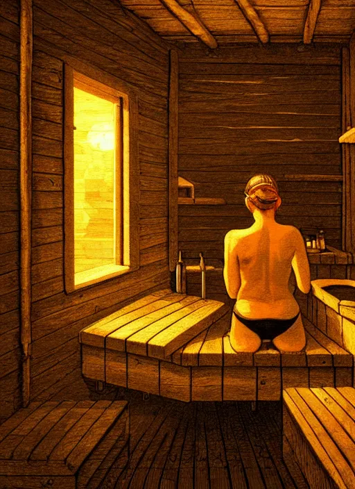 Image similar to finnish sauna, backround dark, highly detailed, digital illustration, trending in artstation, modern painting, smooth, sharp focus, intricate, einar jonsson, ilya repin