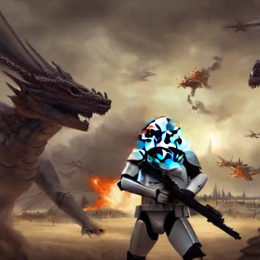 Prompt: commission of stormtroopers shooting a dragon,digital art,realistic,art by greg rutkowski,ross tran,trevor henderson,photorealistic,hyperdetailed,cinematic shot,western comic style,award winning,professional lighting