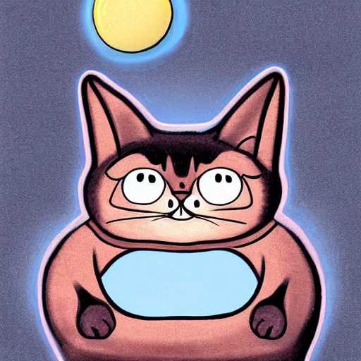 Prompt: Cute digital art depicting a fat cat as The Terminator (1984), glowing eyes