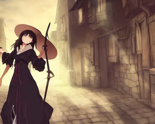 Prompt: key anime visual portrait of a young female witch walking through a busy medieval village, dynamic pose, dynamic perspective, cinematic, dramatic lighting, detailed silhouette, anime proportions