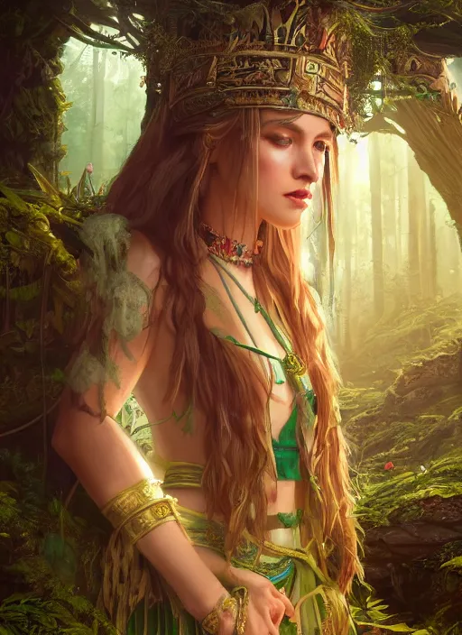 Image similar to Beautiful art portrait of a female fantasy priestess in a bright temple surrounded by lush forest, atmospheric lighting, intricate detail, cgsociety, hyperrealistic, octane render, RPG portrait, ambient light, dynamic lighting