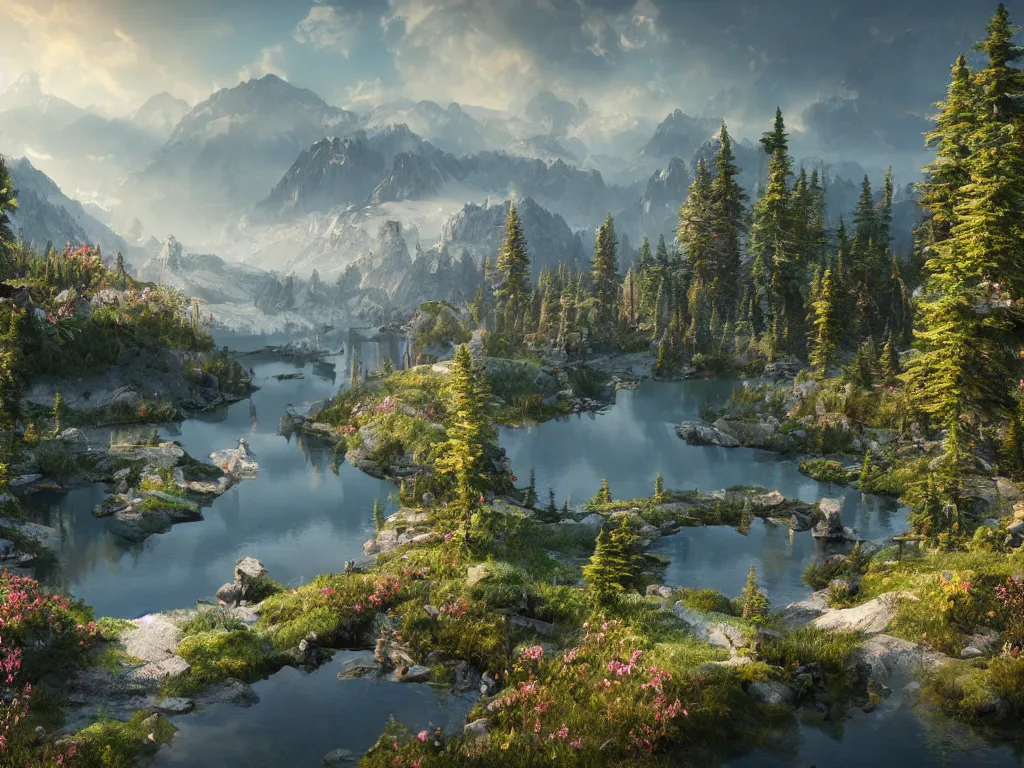 Image similar to a epic view of a mountainous lake, forest, flowers, concept art, trending on, very detailed, unreal engine, 4 k, photoreal, volumetric lighting, light rays, epic composition, warm colors, angelic