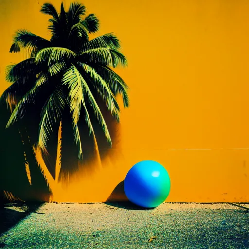 Prompt: noisy color photograph of an underground retrofuturist liminal space, staggered terraces, lonely palm tree next to a beach ball, deformations, minimalist, cinematic, soft vintage glow