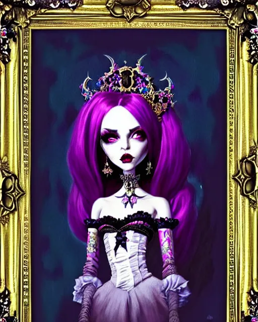 Image similar to maximalist baroque bedazzled gothic royalty frames surrounding a watercolor portrait of maximalist monster high draculaura doll, stephen bliss, unreal engine, by greg rutkowski, loish, rhads, makoto shinkai and lois van baarle, ilya kuvshinov, rossdraws, global illumination, radiant light, detailed and intricate environment, watercolor lighting