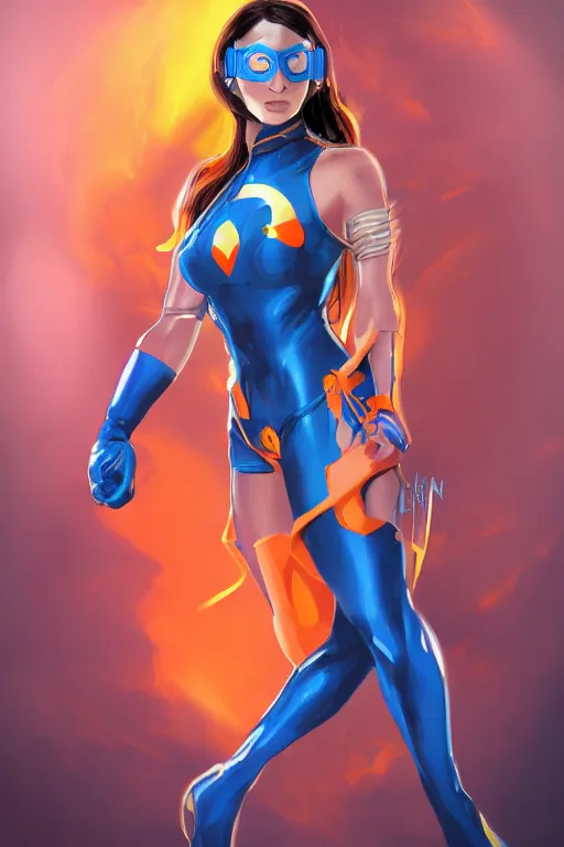 Image similar to blue eyed female Latin superhero with long hair and orange transparent goggles, WLOP, by marvel, trending on artstation