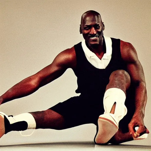 Image similar to michael jordan doing the splits, ballerina, portrait, high quality