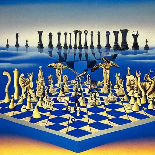 Image similar to an infinite chessboard covered with abstract chess pieces in a surreal landscape, surrealism, by Salvador Dali, intricate, complex, highly detailed, masterpiece