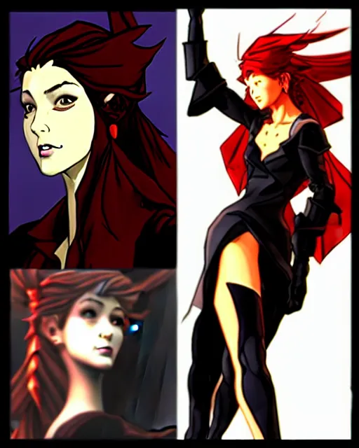 Image similar to style of yoji shinkawa, don bluth : : gorgeous mary elizabeth winstead : : evil sorceress, swirling black magic, black dress : : symmetrical face, symmetrical eyes : : full body pose : : gorgeous red hair : : cinematic lighting : :