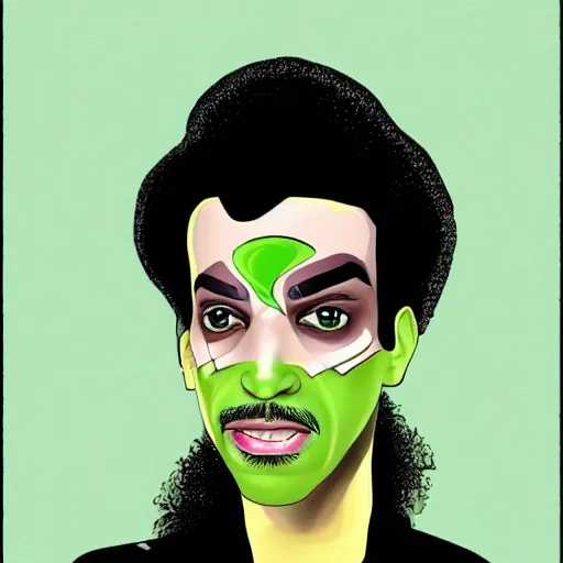 Image similar to an illustration of prince as two face. half his face is white with green hair.