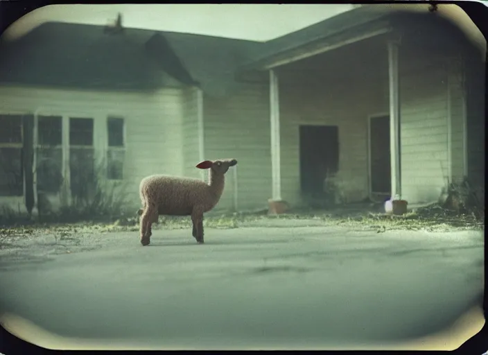 Image similar to medium shot, a lamb with red eyes, evil, horror, scary, night, polaroid photo, vintage, neutral colors, by gregory crewdson,