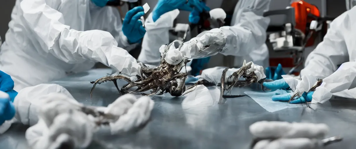 Image similar to filmic dutch angle extreme closeup movie still 4 k uhd 3 5 mm film color photograph of hands wearing surgical gloves dissecting a deceased mysterious grotesque alien specimen in a lab