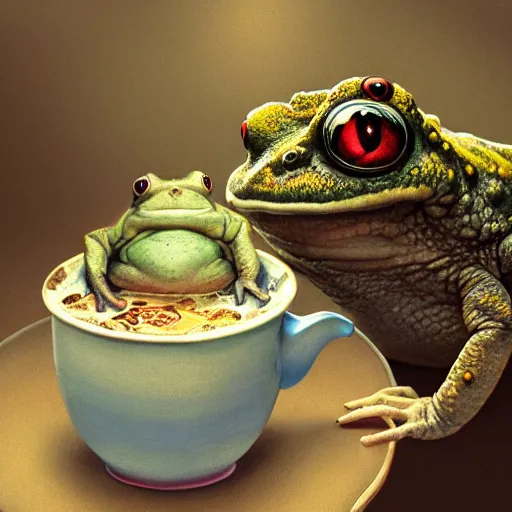 Prompt: long shot of a crazy toad baby sitting in a searose cup, by esao andrews, by m. w. kaluta, very humorous illustration, small depth of field, perspective perception, volumetric light, psychedelic colors, 3 d octane render, 8 k, conceptart, hyperdetailed, hyperrealistic, trending on artstation