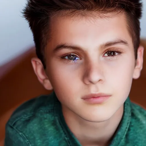 Image similar to a closeup portrait of a boy with brown hair and brown eyes. Extremely clear and high quality eyes with reflection, realistic face and details, clear lips and high quality