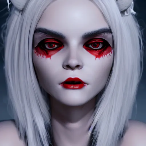 Image similar to a highly detailed portrait of a humanoid demon girl with white hair, red horns, in white clothes, artstation, deviantart, professional, unreal engine 5, photorealistic, digital art