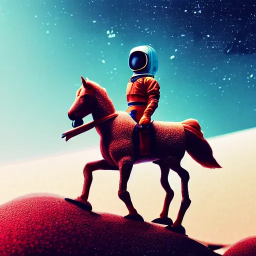 Image similar to photography of anthropomorphic horse riding on top of an astronaut horse back. from western by hiroyuki okiura and katsuhiro otomo and alejandro hodorovski style with many details by mike winkelmann and vincent di fate in sci - fi style. volumetric natural light photo on dsmc 3 system,