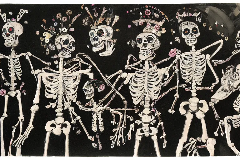 Image similar to scene from ballet, day of the dead, cyber skeletons, queen in black silk in the center, neon painting by otto dix