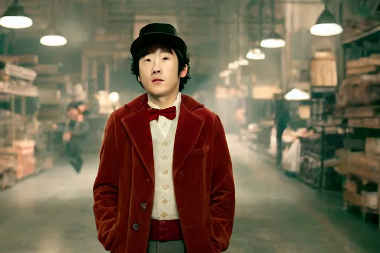 Prompt: cinematic still of Steven Yeun from charlie and chocolate factory (2005), XF IQ4, f/1.4, ISO 200, 1/160s, 8K, RAW, dramatic lighting, symmetrical balance, in-frame