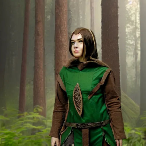 Prompt: anya charlota as a medieval fantasy wood elf, dark purplish hair tucked behind ears, wearing a green tunic with a fur lined collar and brown leather armor, wide, muscular build, scar across nose, one black, scaled arm, cinematic, character art, digital art, forest background, realistic. 4 k