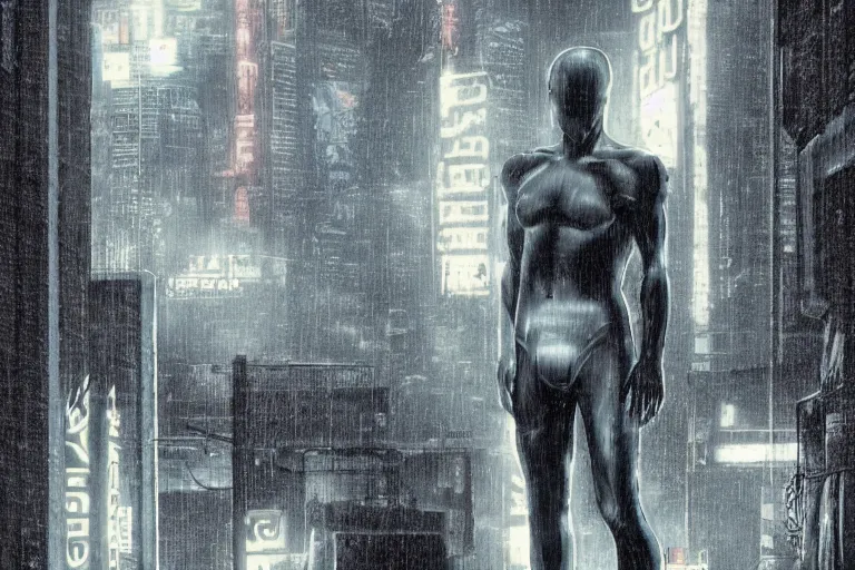 Image similar to roy batty with a bare torso sits in the lotus position with his head bowed in the rain on the roof of a building in the cyberpunk future, around neon signs, a little haze, night, realistic proportions, anime style ghost in armor