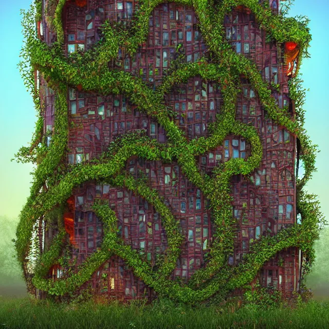 Image similar to complex vine covered building with many layers, 8 k, highly detailed, beautiful lighting, vivid colors!, realistic, ultra rendered, trending on artstation, deviantart featured