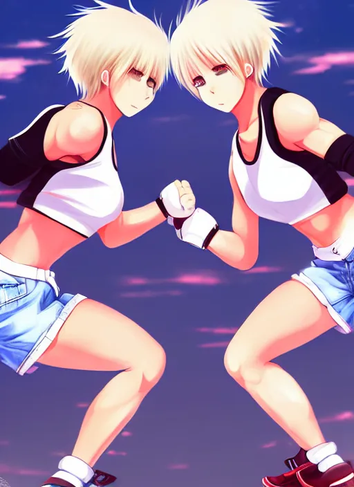 Prompt: two beautiful identical female fighters with short hair facing each other in gym, jean shorts, white top, dim lighting, gorgeous features, high resolution, detailed anime art