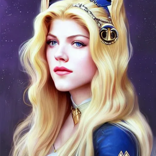 Image similar to A combination of Katheryn Winnick's and Grace Kelly's and Katherine McNamara's faces with blonde hair as Sailor Moon, western, D&D, fantasy, intricate, elegant, highly detailed, digital painting, artstation, concept art, matte, sharp focus, illustration, art by Artgerm and Greg Rutkowski and Alphonse Mucha