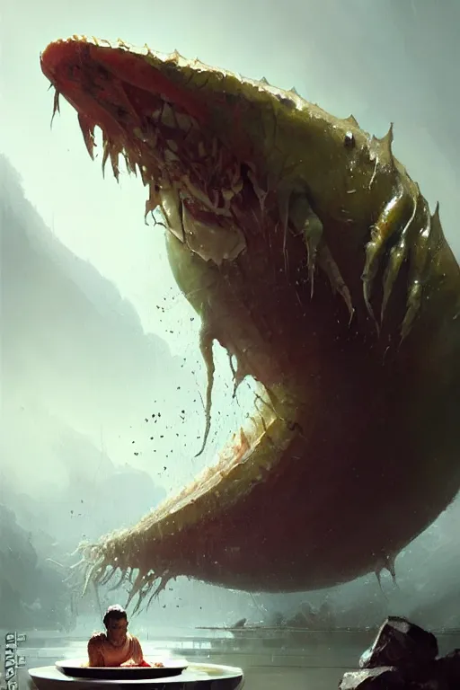 Image similar to greg rutkowski. giant wet fleshy creature over a bowl of yummy cereal