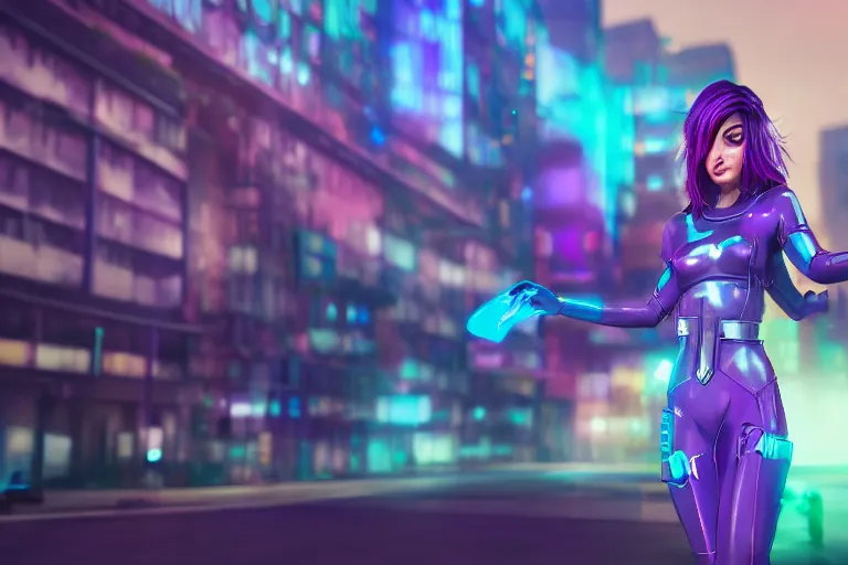 Prompt: a superhero girl with purple hair in a cyberpunk city, digital painting, long shot, blue hour lighting, Vaporware style, romantic, dynamic, bright, joyful, Award Winning, Unreal Engine, Trending on ArtStation, 4k